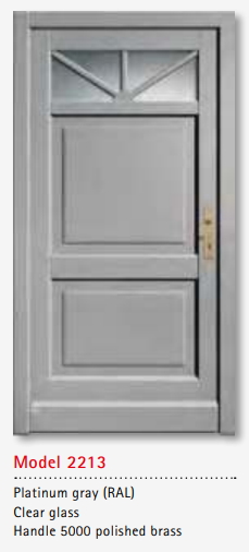 UNILUX Model 2213 Platinum Gray Door, Clear Glass, Polished Brass Handle, Modern Custom Timber Entrance